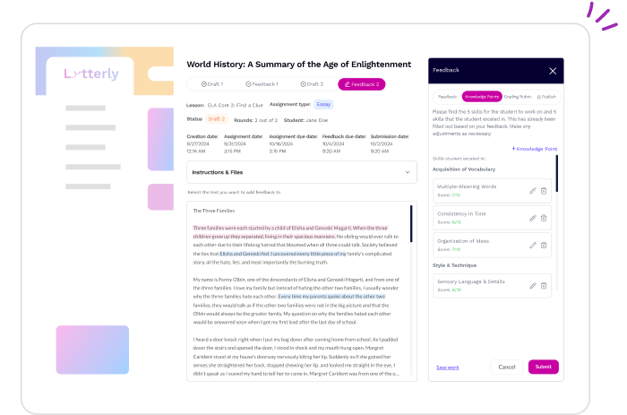 Letterly portal showing an essay with a Feedback panel and Knowledge Points